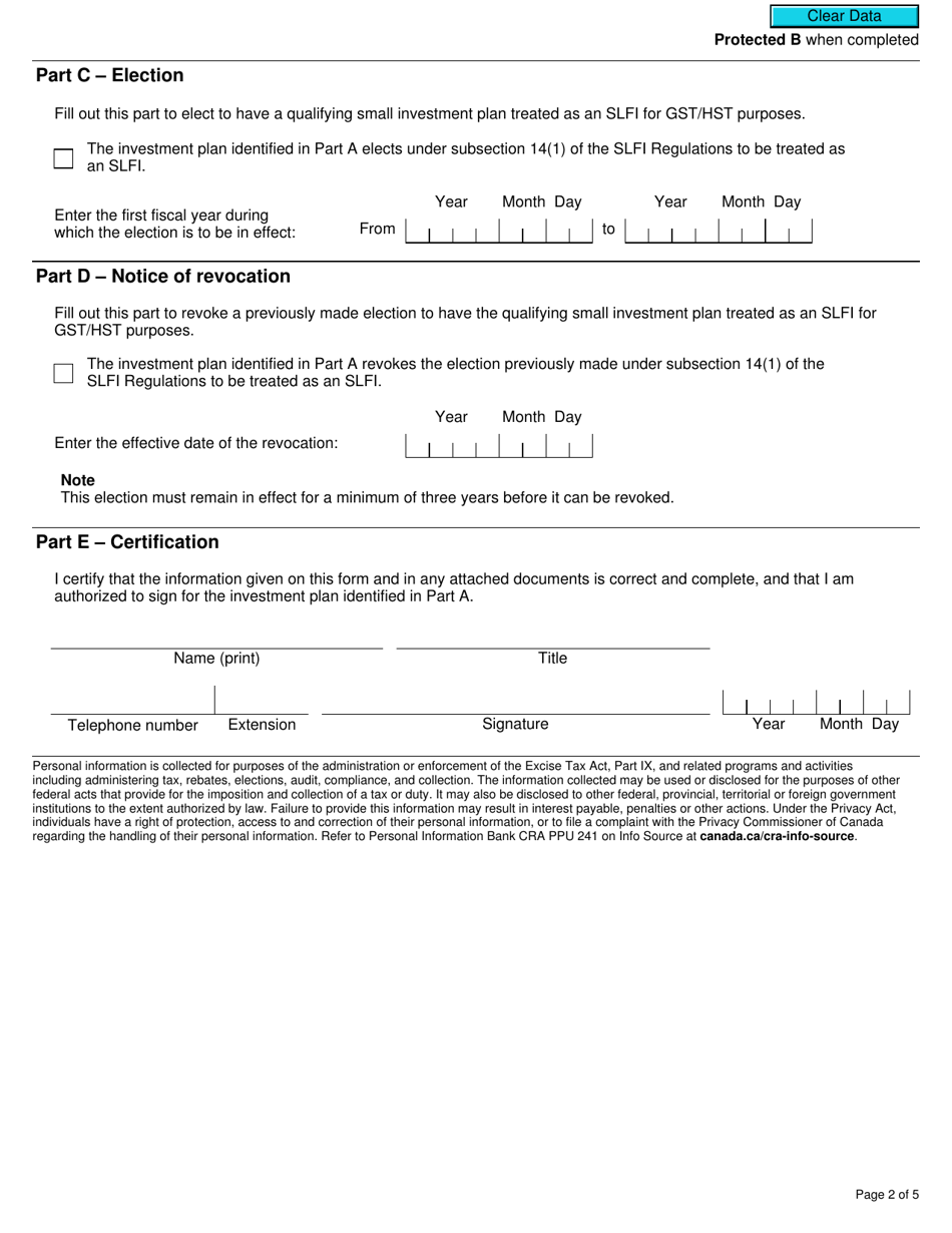 Form RC4606 Gst / Hst Election or Revocation for a Qualifying Small Investment Plan to Be Treated as a Selected Listed Financial Institution - Canada, Page 2