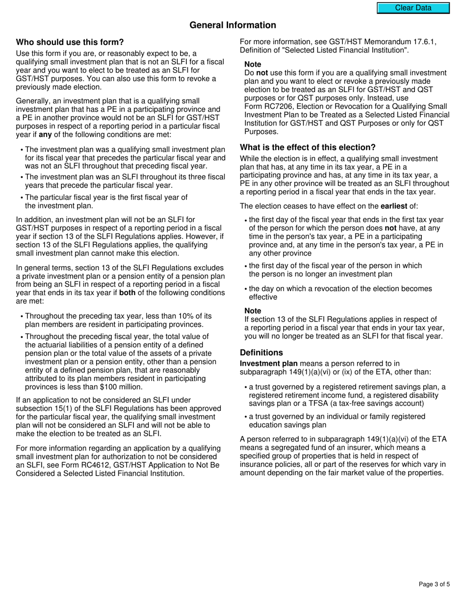 Form RC4606 Gst / Hst Election or Revocation for a Qualifying Small Investment Plan to Be Treated as a Selected Listed Financial Institution - Canada, Page 3