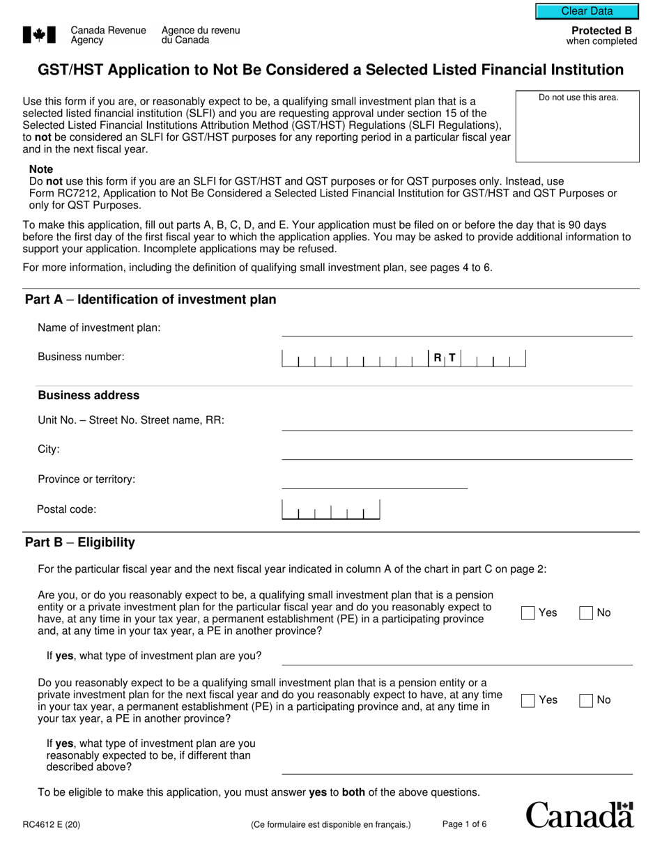 Form RC4612 Gst / Hst Application to Not Be Considered a Selected Listed Financial Institution - Canada, Page 1