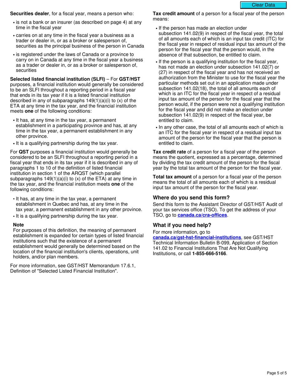 Form RC7222 Election or Revocation for a Qualifying Institution That Is a Selected Listed Financial Institution to Use Particular Methods Specified in an Application Under Subsection 141.02(18) of the ETA for Gst / Hst and Qst Purposes - Canada, Page 5