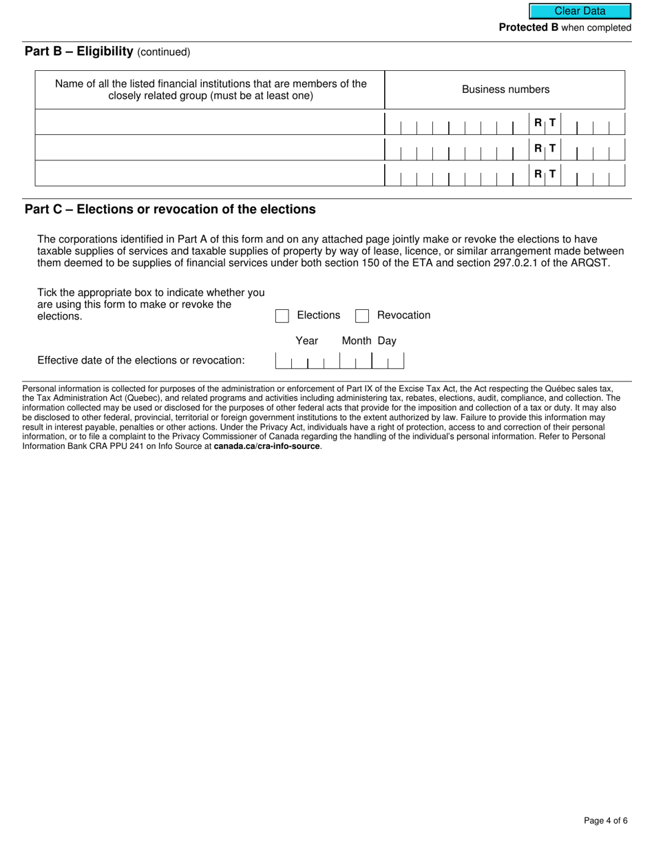 Form RC7227 Elections or Revocation of the Elections to Deem Certain Supplies to Be Financial Services for Gst / Hst and Qst Purposes for Selected Listed Financial Institutions - Canada, Page 4