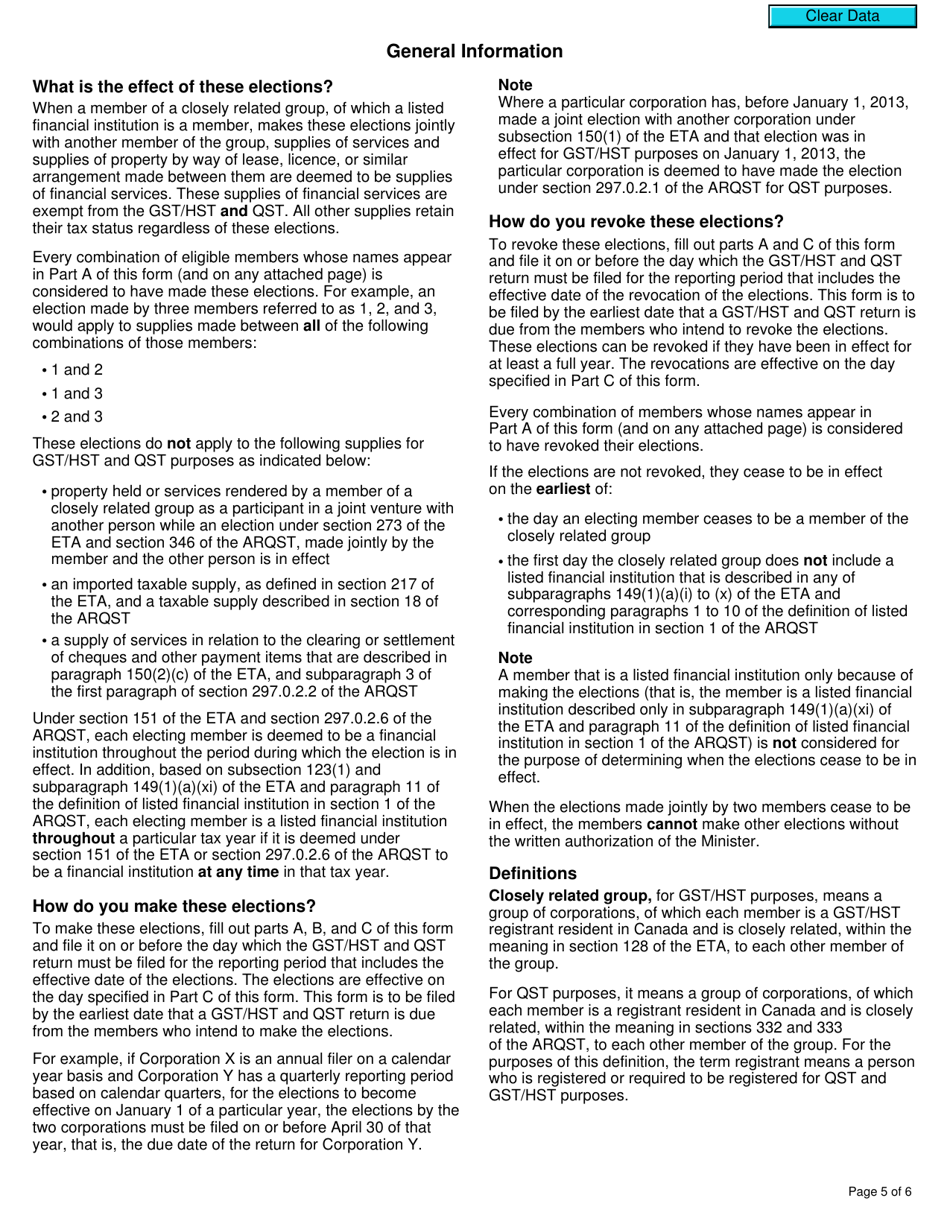 Form RC7227 Elections or Revocation of the Elections to Deem Certain Supplies to Be Financial Services for Gst / Hst and Qst Purposes for Selected Listed Financial Institutions - Canada, Page 5