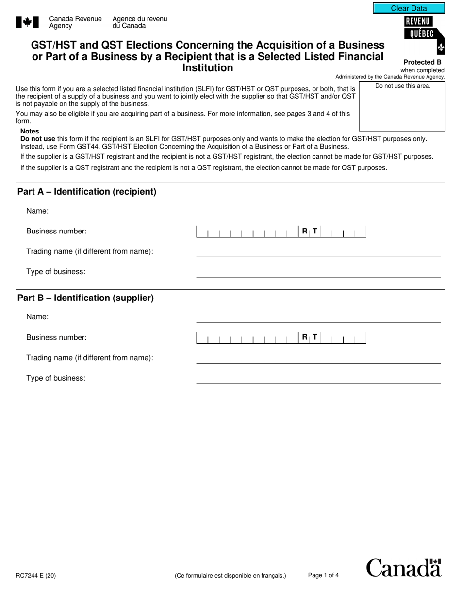 Form RC7244 Download Fillable PDF or Fill Online Gst/Hst and Qst ...