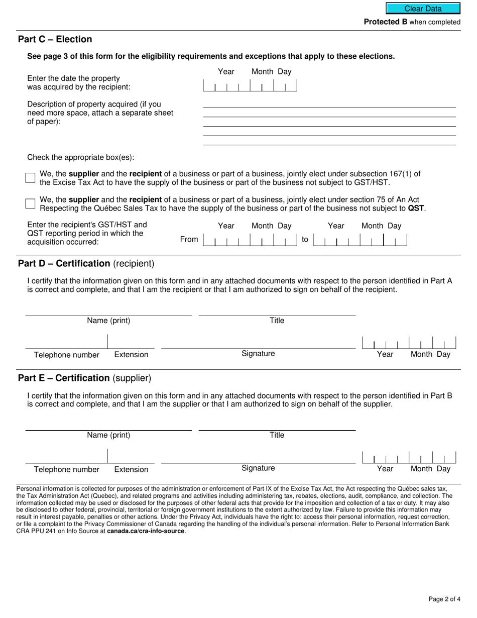 Form RC7244 Gst / Hst and Qst Elections Concerning the Acquisition of a Business or Part of a Business by a Recipient That Is a Selected Listed Financial Institution - Canada, Page 2