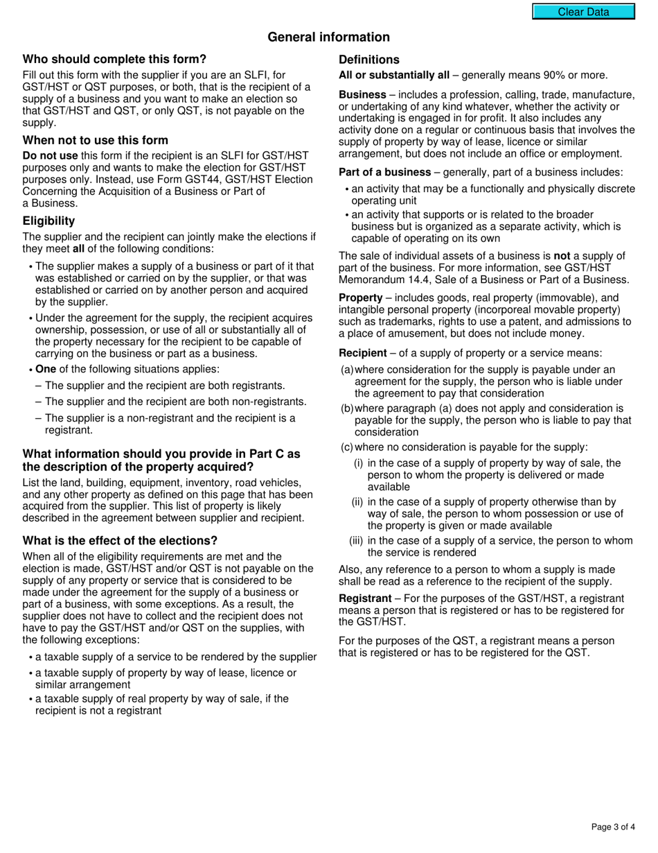 Form RC7244 Gst / Hst and Qst Elections Concerning the Acquisition of a Business or Part of a Business by a Recipient That Is a Selected Listed Financial Institution - Canada, Page 3