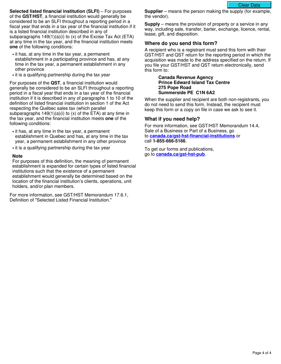 Form RC7244 Gst / Hst and Qst Elections Concerning the Acquisition of a Business or Part of a Business by a Recipient That Is a Selected Listed Financial Institution - Canada, Page 4