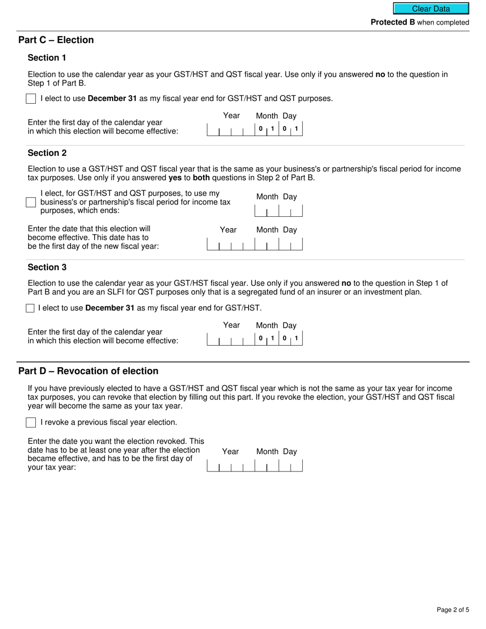 Form RC7270 Election or Revocation of an Election to Change a Gst / Hst and Qst Fiscal Year for a Selected Listed Financial Institution - Canada, Page 2