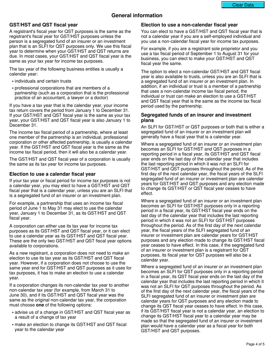 Form RC7270 Election or Revocation of an Election to Change a Gst / Hst and Qst Fiscal Year for a Selected Listed Financial Institution - Canada, Page 4