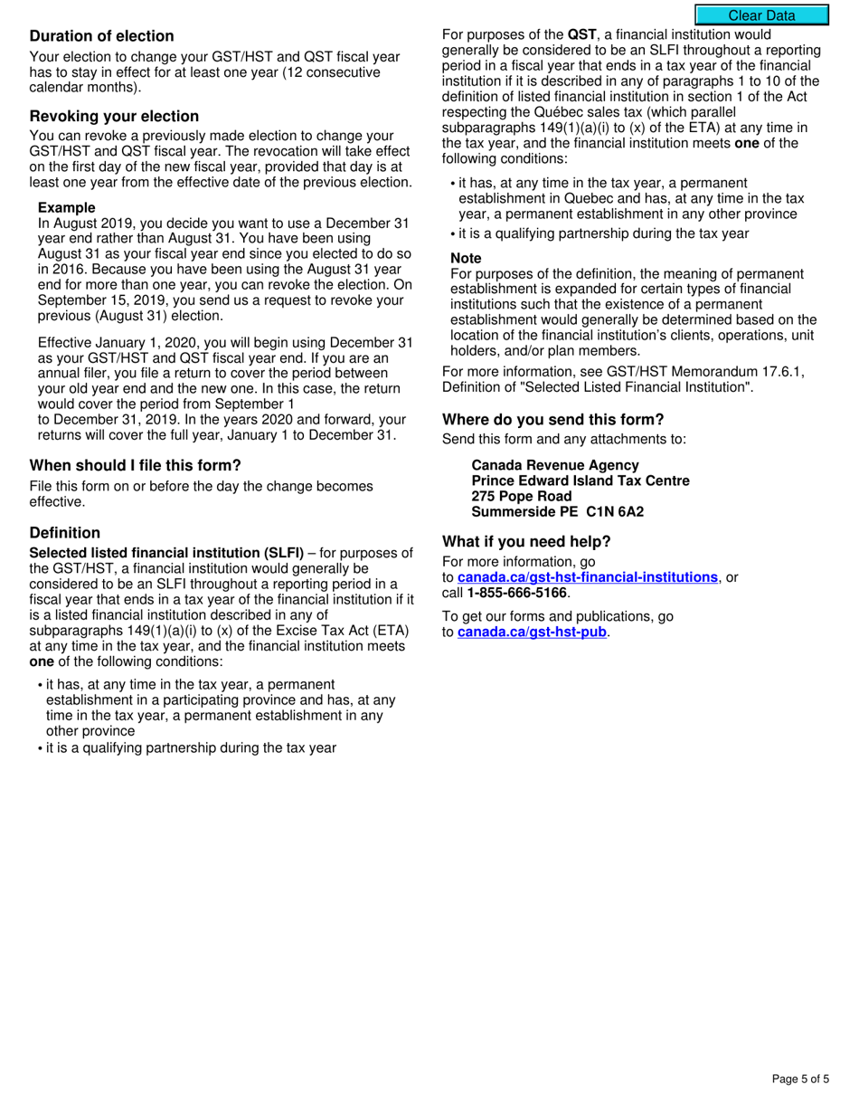 Form RC7270 Election or Revocation of an Election to Change a Gst / Hst and Qst Fiscal Year for a Selected Listed Financial Institution - Canada, Page 5