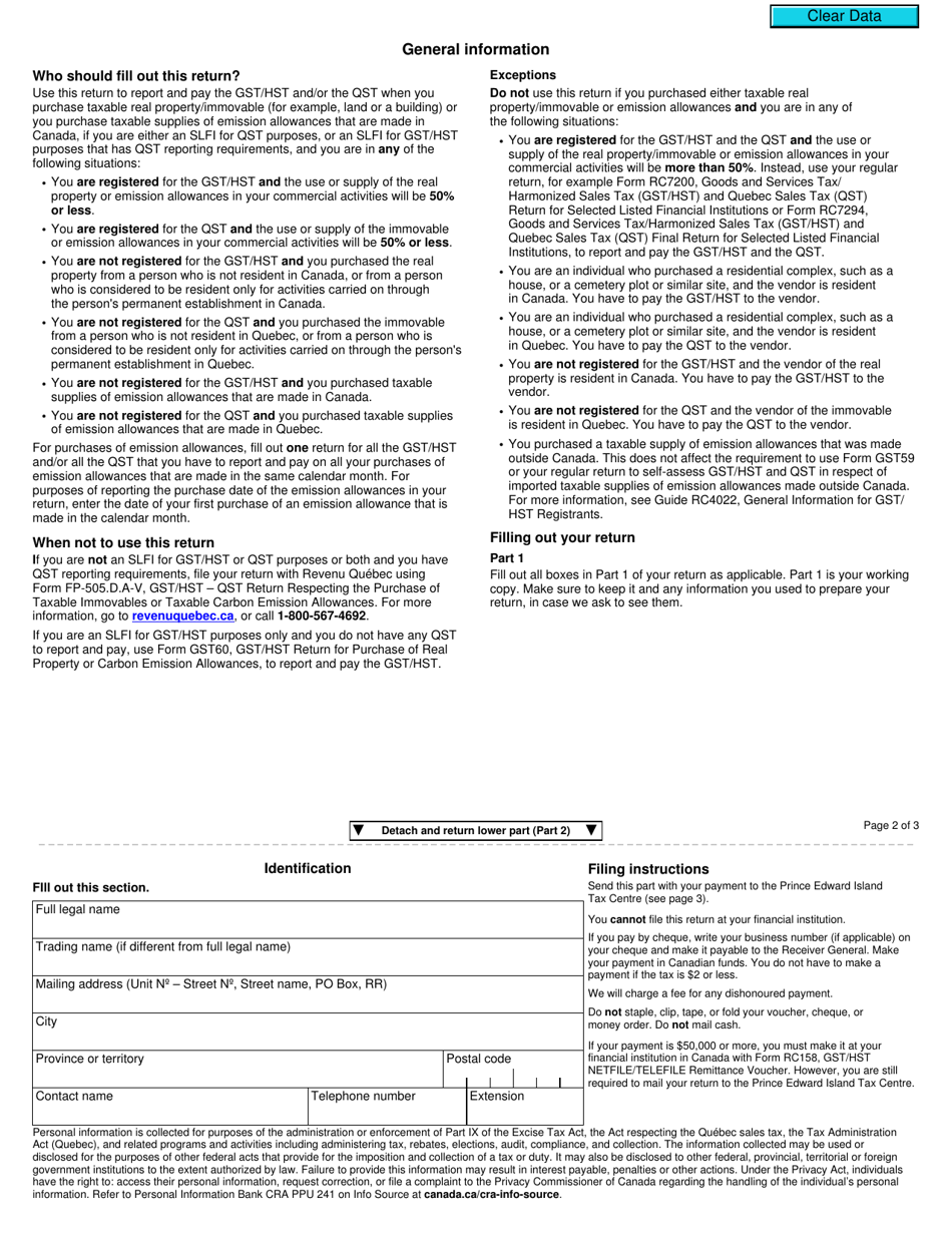Form RC7260 Gst / Hst and Qst Return for Purchase of Real Property / Immovable or Carbon Emission Allowances by a Selected Listed Financial Institution - Canada, Page 2