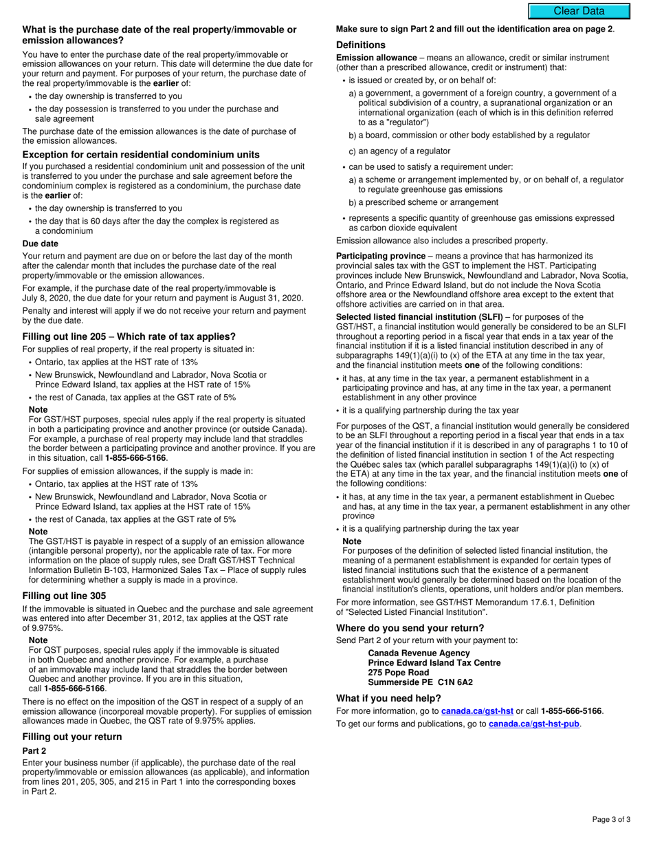 Form RC7260 Gst / Hst and Qst Return for Purchase of Real Property / Immovable or Carbon Emission Allowances by a Selected Listed Financial Institution - Canada, Page 3