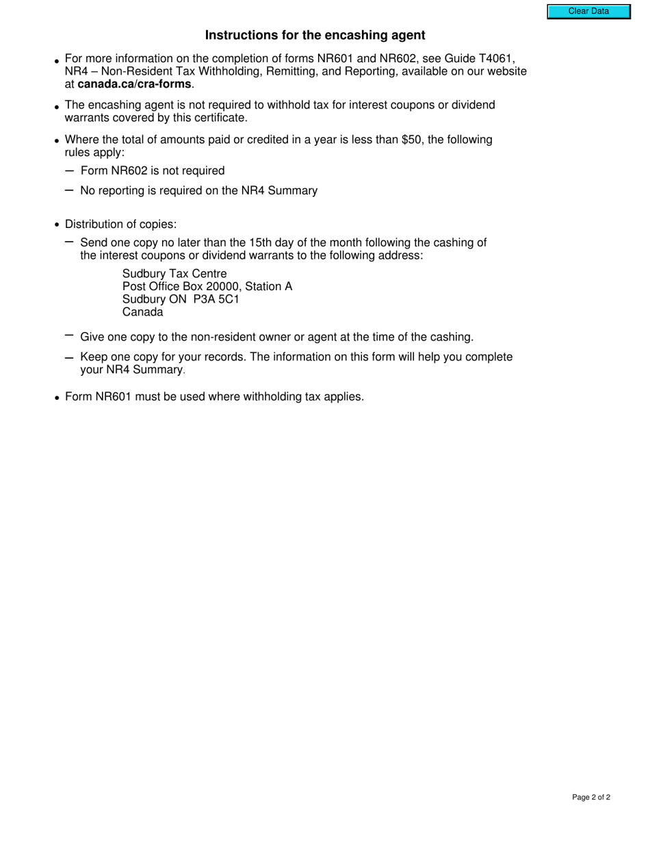 Form NR602 Non-resident Ownership Certificate - No Withholding Tax - Canada, Page 2