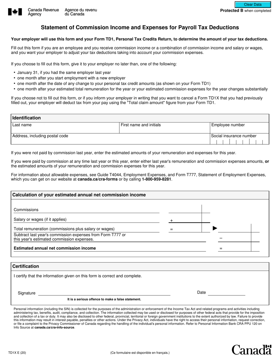 Form TD1X Statement of Commission Income and Expenses for Payroll Tax Deductions - Canada, Page 1