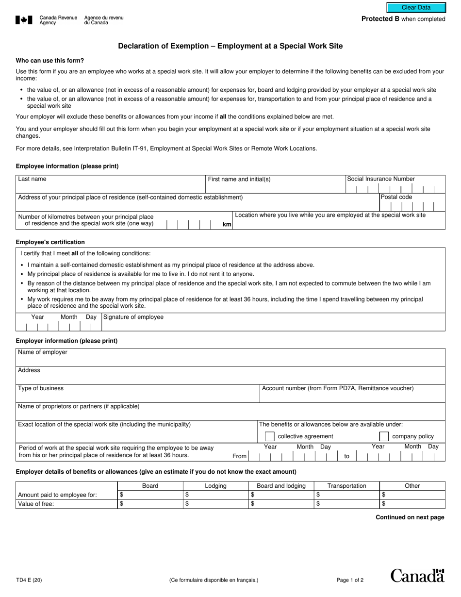 Form TD4 Declaration of Exemption - Employment at a Special Work Site - Canada, Page 1