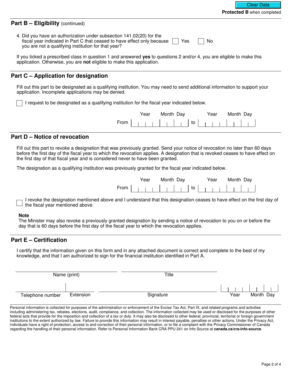 Form RC4521 Application for a Financial Institution of a Prescribed Class to Be Designated as a Qualifying Institution or Revocation of a Previously Granted Designation - Canada, Page 2