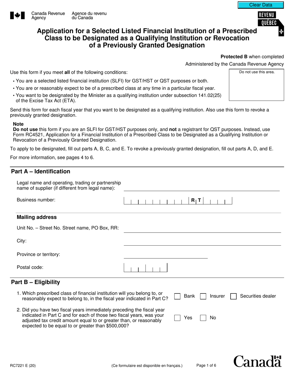 Form RC7221 Application for a Selected Listed Financial Institution of a Prescribed Class to Be Designated as a Qualifying Institution or Revocation of a Previously Granted Designation - Canada, Page 1