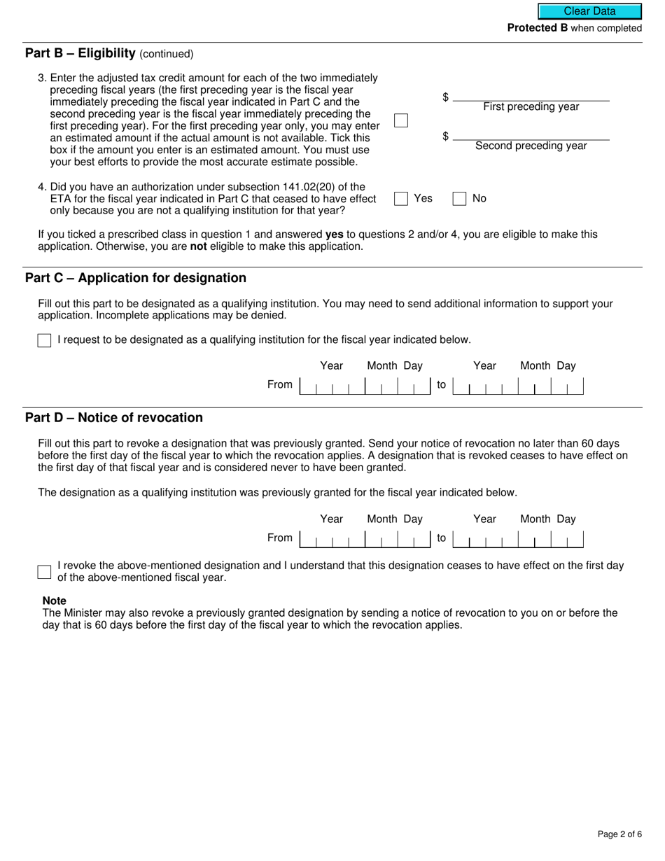 Form RC7221 Application for a Selected Listed Financial Institution of a Prescribed Class to Be Designated as a Qualifying Institution or Revocation of a Previously Granted Designation - Canada, Page 2