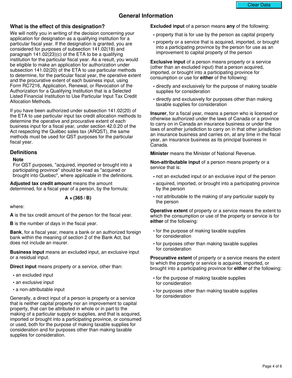 Form RC7221 Application for a Selected Listed Financial Institution of a Prescribed Class to Be Designated as a Qualifying Institution or Revocation of a Previously Granted Designation - Canada, Page 4
