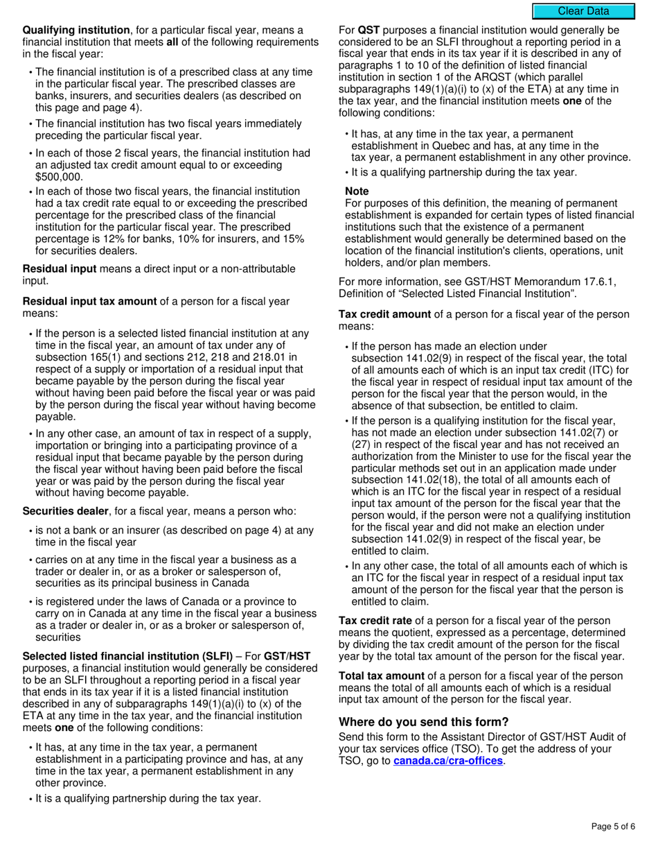 Form RC7221 Application for a Selected Listed Financial Institution of a Prescribed Class to Be Designated as a Qualifying Institution or Revocation of a Previously Granted Designation - Canada, Page 5