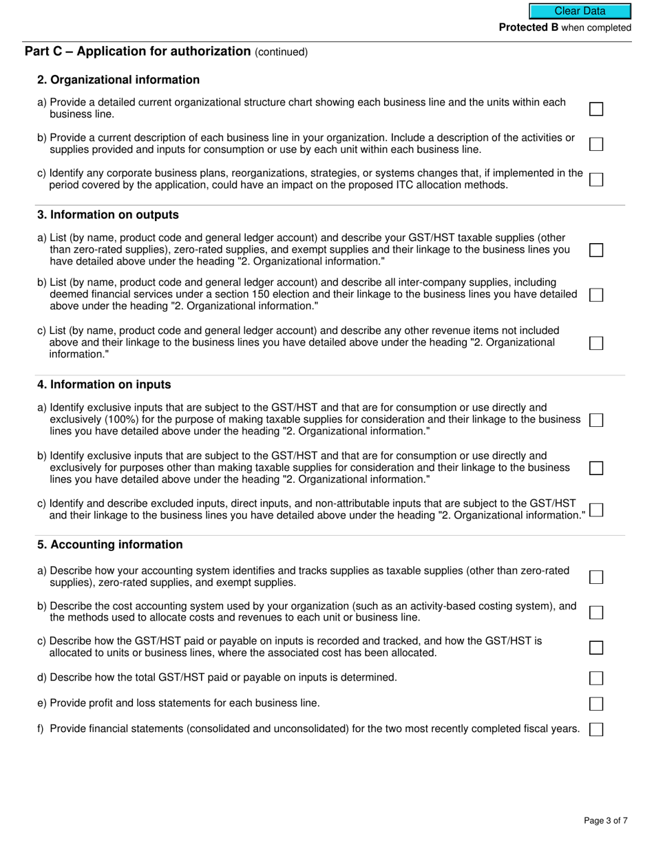 Form RC7216 Application, Renewal, or Revocation of the Authorization for a Qualifying Institution That Is a Selected Listed Financial Institution to Use Particular Input Tax Credit Allocation Methods - Canada, Page 3