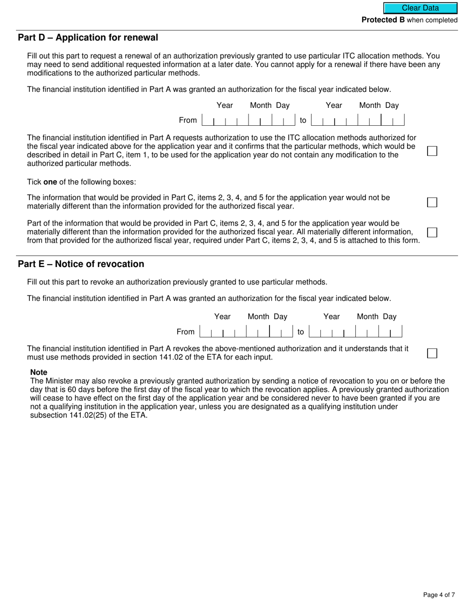 Form RC7216 Application, Renewal, or Revocation of the Authorization for a Qualifying Institution That Is a Selected Listed Financial Institution to Use Particular Input Tax Credit Allocation Methods - Canada, Page 4