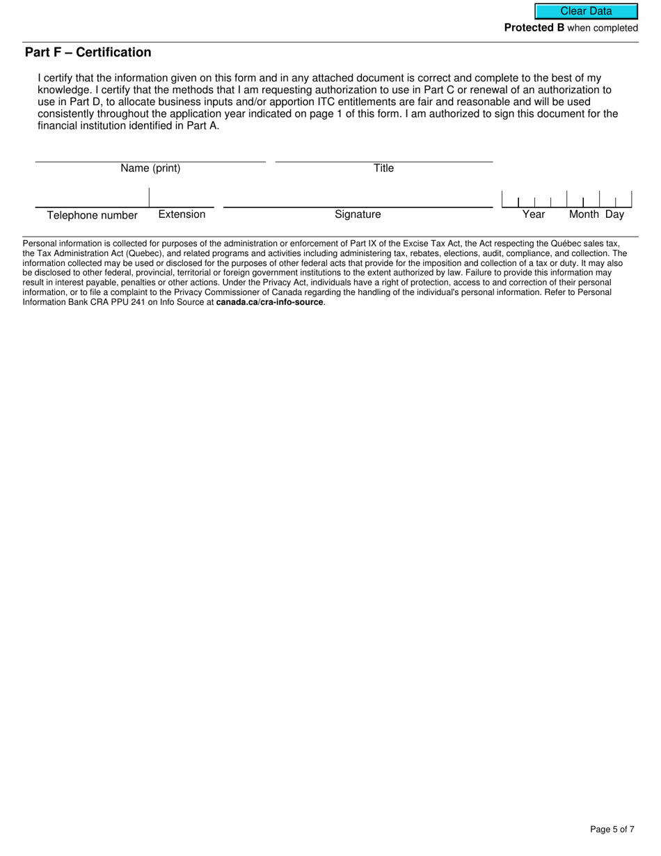 Form RC7216 Application, Renewal, or Revocation of the Authorization for a Qualifying Institution That Is a Selected Listed Financial Institution to Use Particular Input Tax Credit Allocation Methods - Canada, Page 5