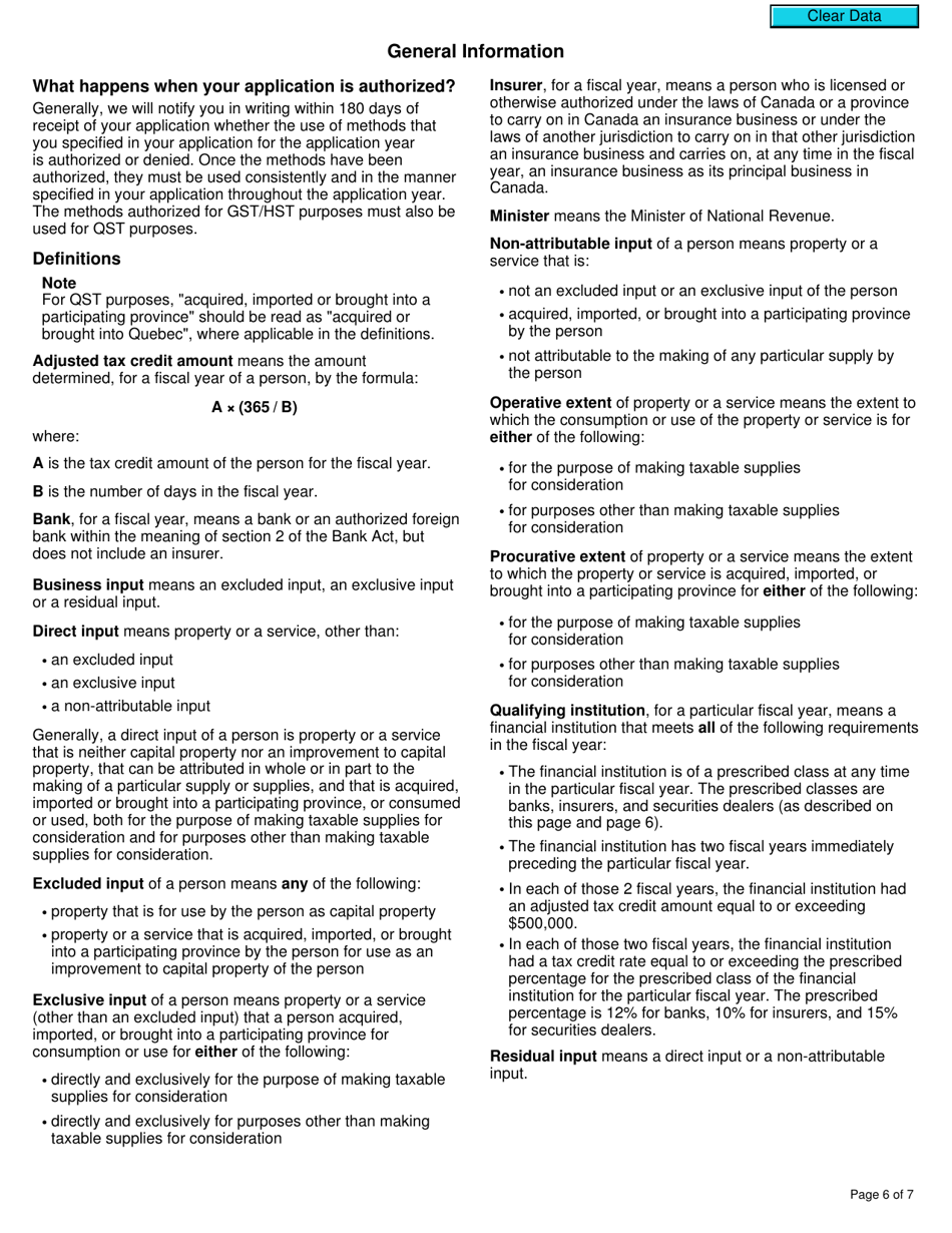 Form RC7216 Application, Renewal, or Revocation of the Authorization for a Qualifying Institution That Is a Selected Listed Financial Institution to Use Particular Input Tax Credit Allocation Methods - Canada, Page 6