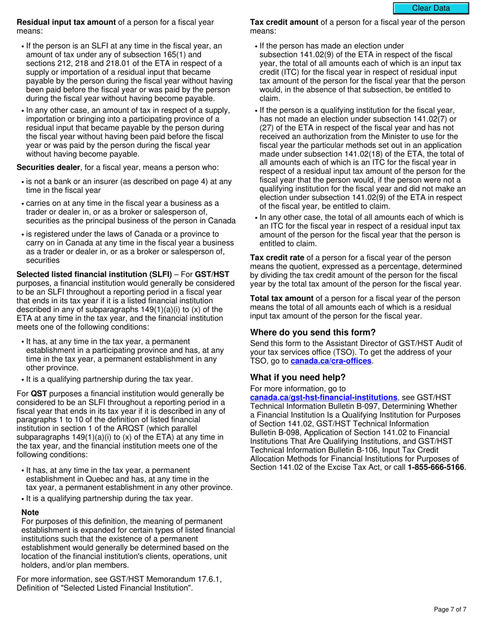 Form RC7216 Application, Renewal, or Revocation of the Authorization for a Qualifying Institution That Is a Selected Listed Financial Institution to Use Particular Input Tax Credit Allocation Methods - Canada, Page 7