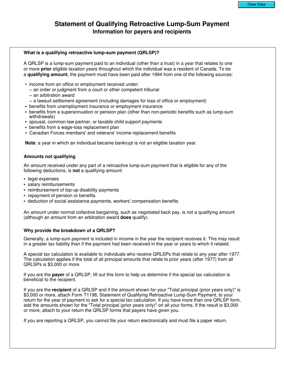 Form T1198 Statement of Qualifying Retroactive Lump-Sum Payment - Canada, Page 2