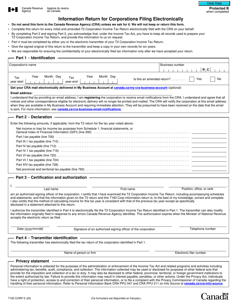 Form T183 CORP Information Return for Corporations Filing Electronically - Canada, Page 1