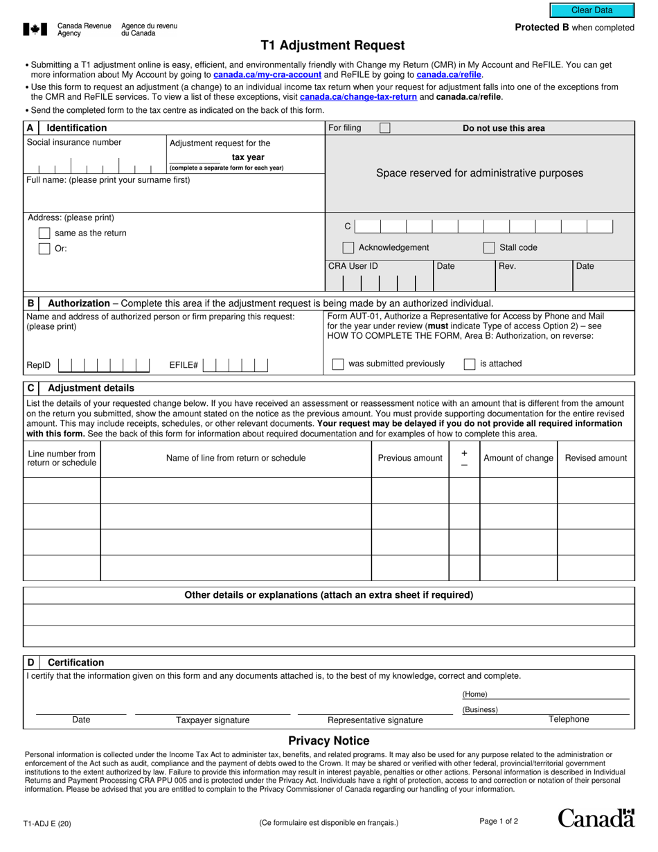 Form T1ADJ Fill Out, Sign Online and Download Fillable PDF, Canada