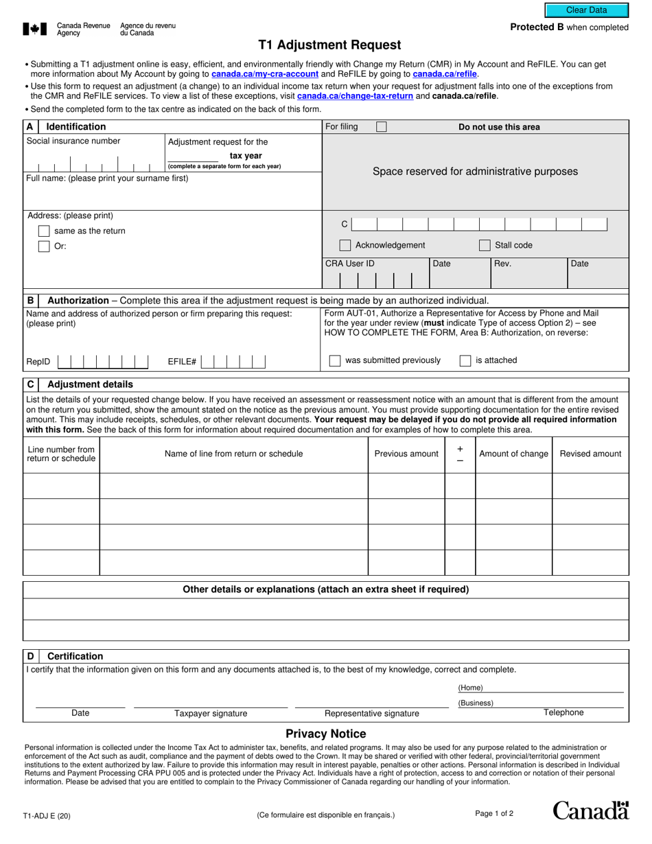 Form T1-ADJ T1 Adjustment Request - Canada, Page 1