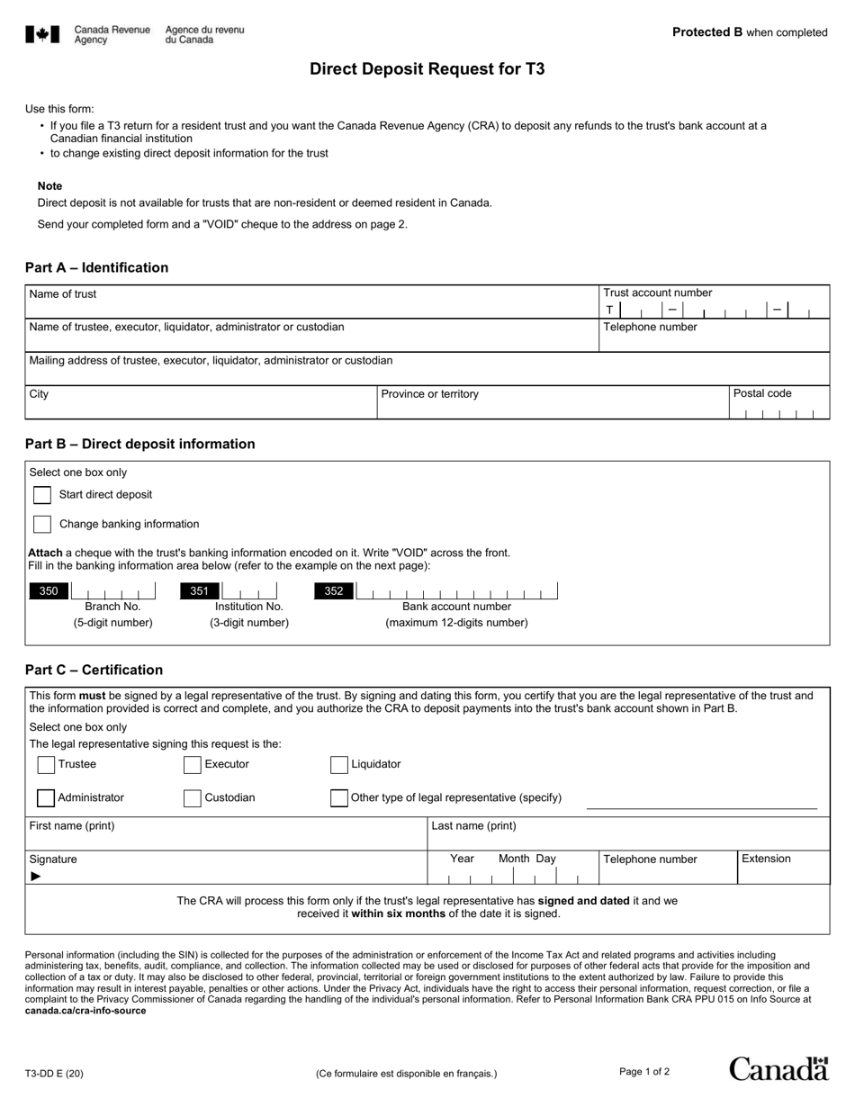Form T3-DD Direct Deposit Request for T3 - Canada, Page 1