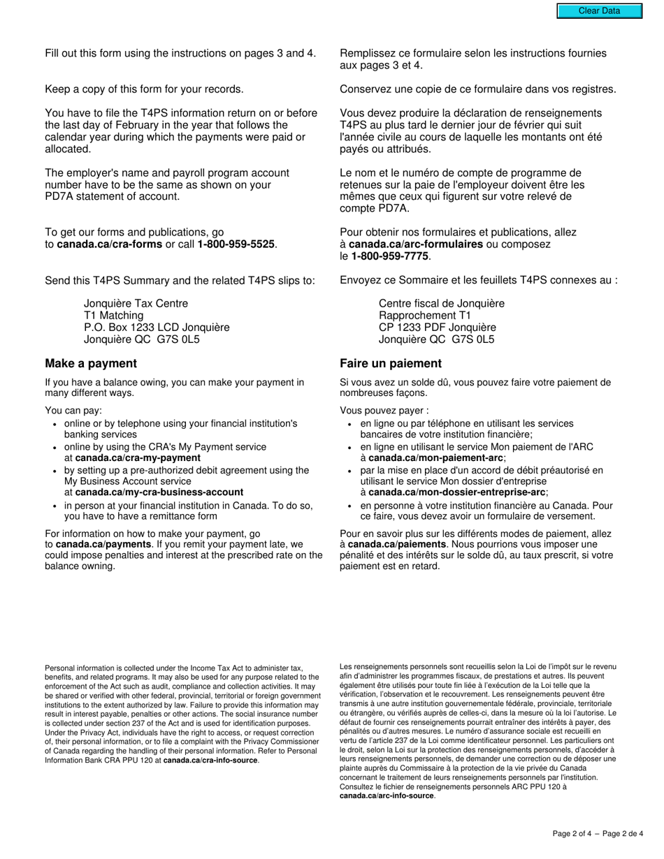 Form T4PS SUM Employees Profit Sharing Plan Allocations and Payments - Canada (English / French), Page 2