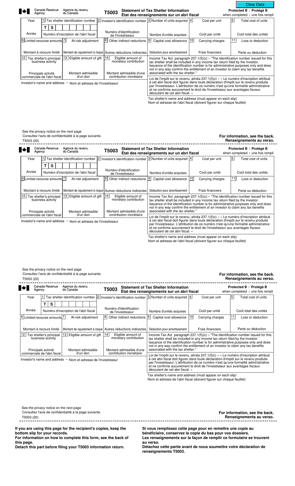 Form T5003 Statement of Tax Shelter Information - Canada (English / French), Page 1