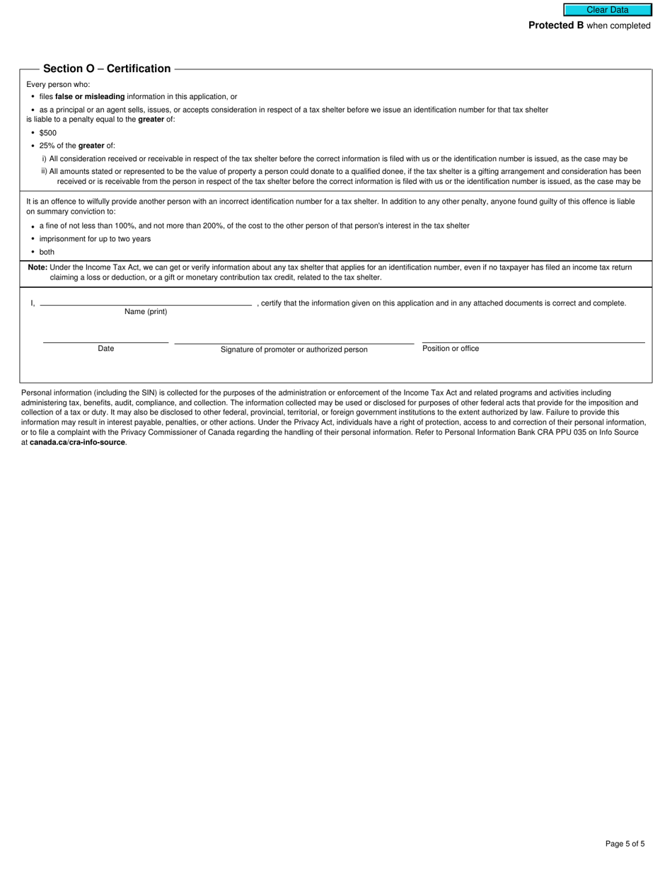 Form T5001 Application for Tax Shelter Identification Number and Undertaking to Keep Books and Records - Canada, Page 5