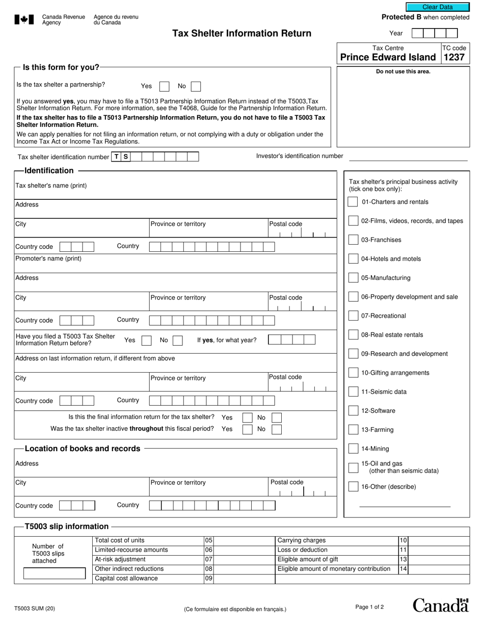 Form T5003 SUM Tax Shelter Information Return - Canada, Page 1