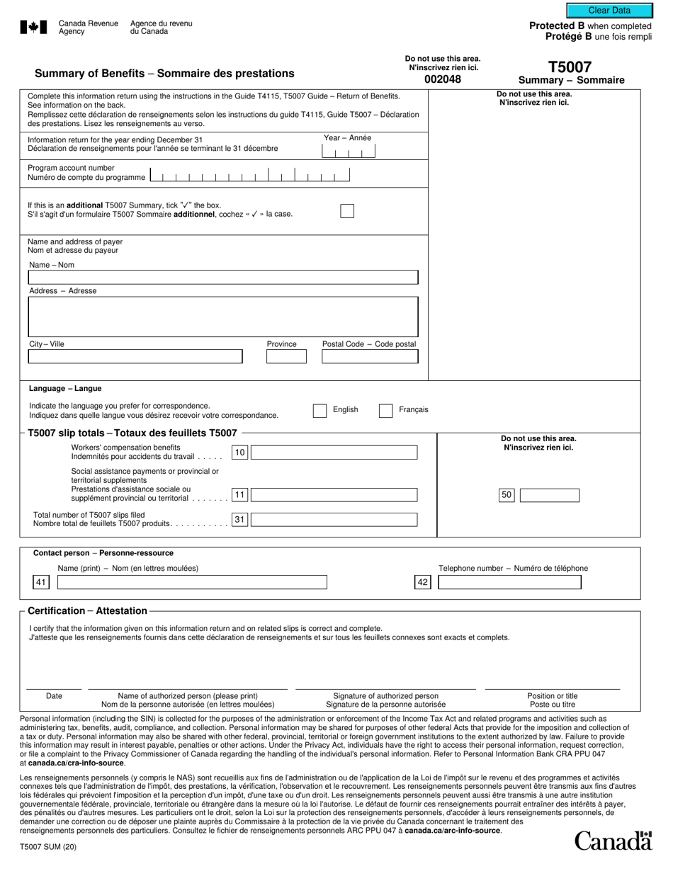 Form T5007 SUM - Fill Out, Sign Online and Download Fillable PDF ...