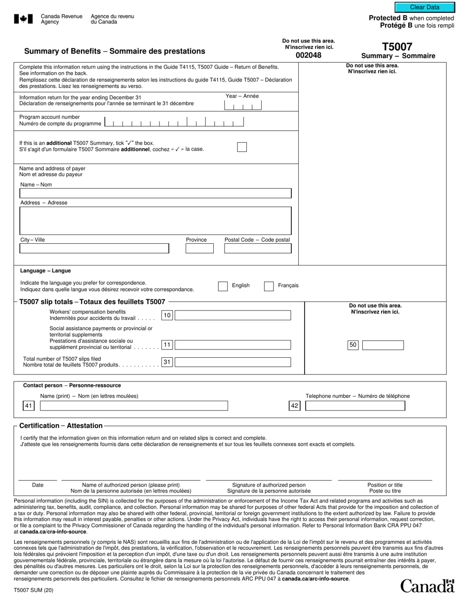 Form T5007 SUM Summary of Benefits - Canada (English / French), Page 1