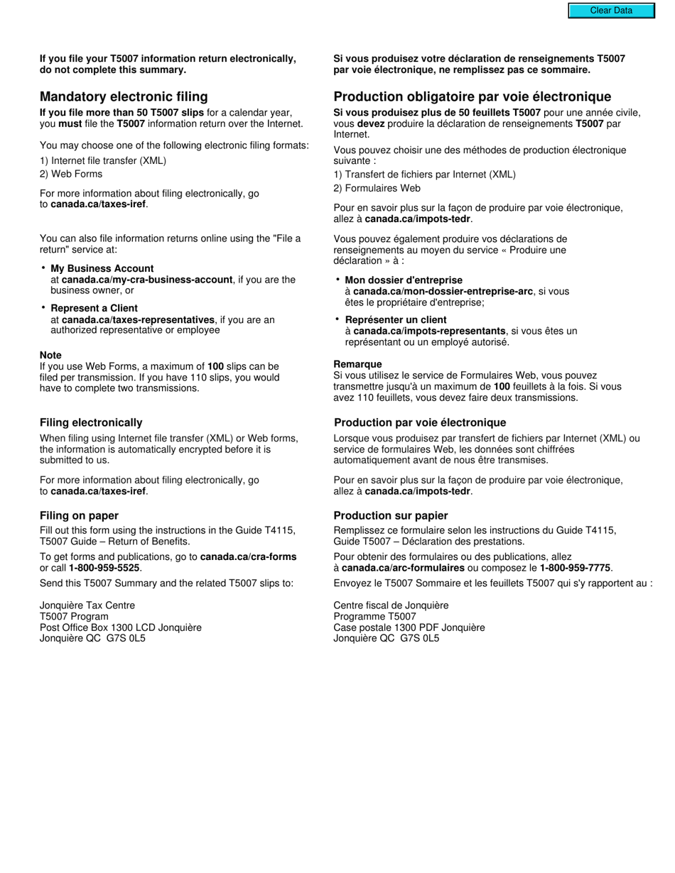 Form T5007 SUM Summary of Benefits - Canada (English / French), Page 2