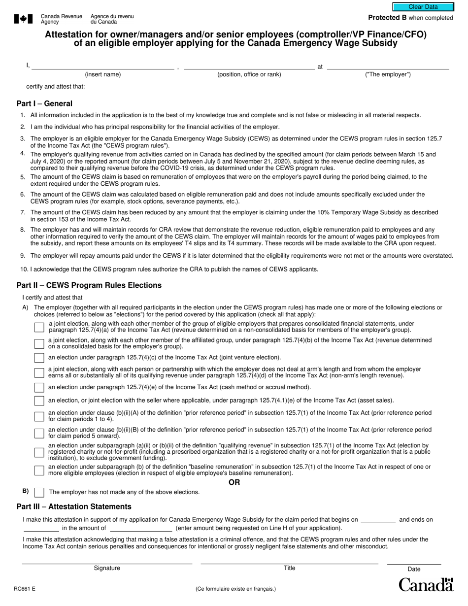 Form RC661 Attestation for Owner / Managers and / or Senior Employees (Comptroller / Vp Finance / Cfo) of an Eligible Employer Applying for the Canada Emergency Wage Subsidy - Canada, Page 1