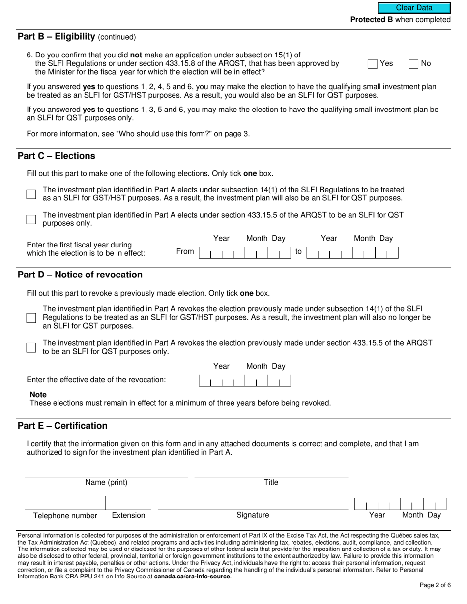 Form RC7206 Election or Revocation for a Qualifying Small Investment Plan to Be Treated as a Selected Listed Financial Institution for Gst / Hst and Qst Purposes or Only for Qst Purposes - Canada, Page 2