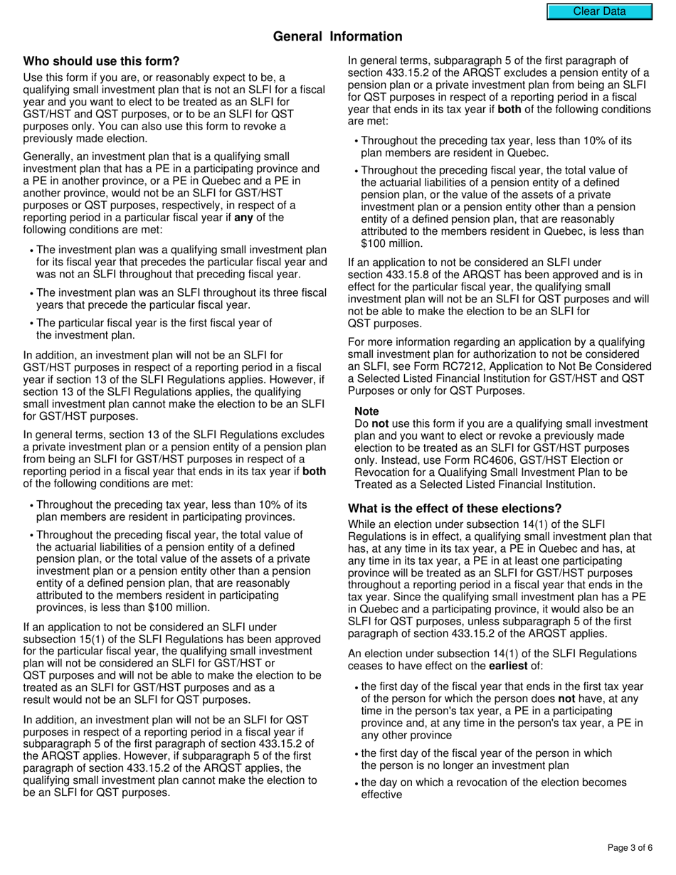 Form RC7206 Election or Revocation for a Qualifying Small Investment Plan to Be Treated as a Selected Listed Financial Institution for Gst / Hst and Qst Purposes or Only for Qst Purposes - Canada, Page 3
