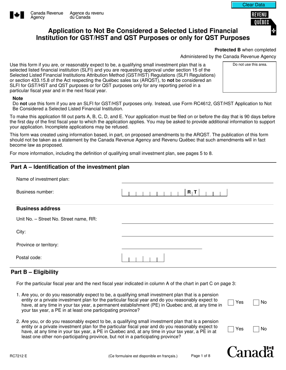 Form RC7212 Application to Not Be Considered a Selected Listed Financial Institution for Gst / Hst and Qst Purposes or Only for Qst Purposes - Canada, Page 1
