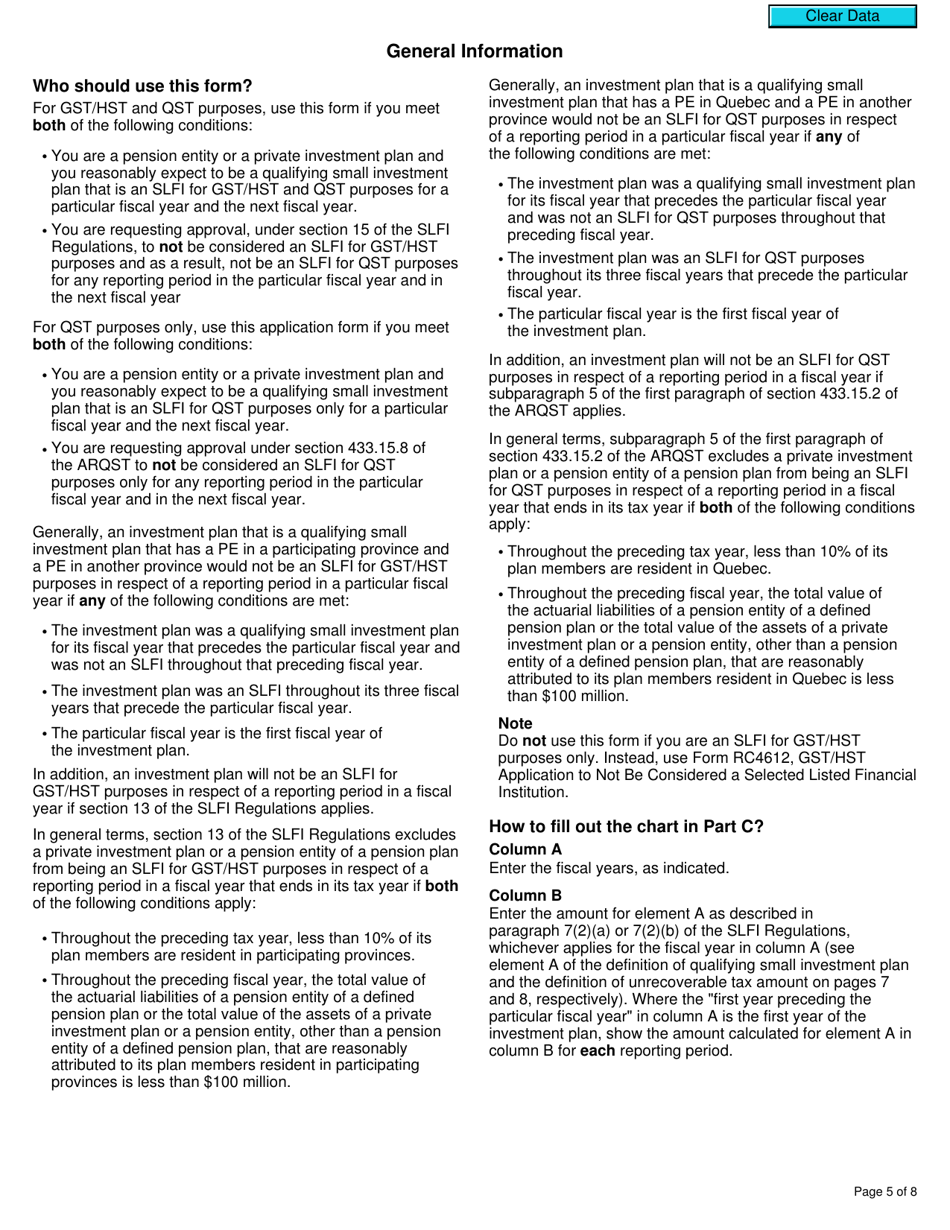 Form RC7212 Application to Not Be Considered a Selected Listed Financial Institution for Gst / Hst and Qst Purposes or Only for Qst Purposes - Canada, Page 5