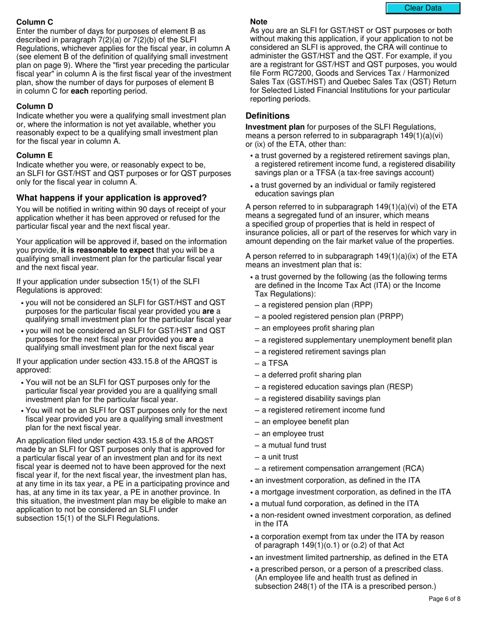Form RC7212 Application to Not Be Considered a Selected Listed Financial Institution for Gst / Hst and Qst Purposes or Only for Qst Purposes - Canada, Page 6