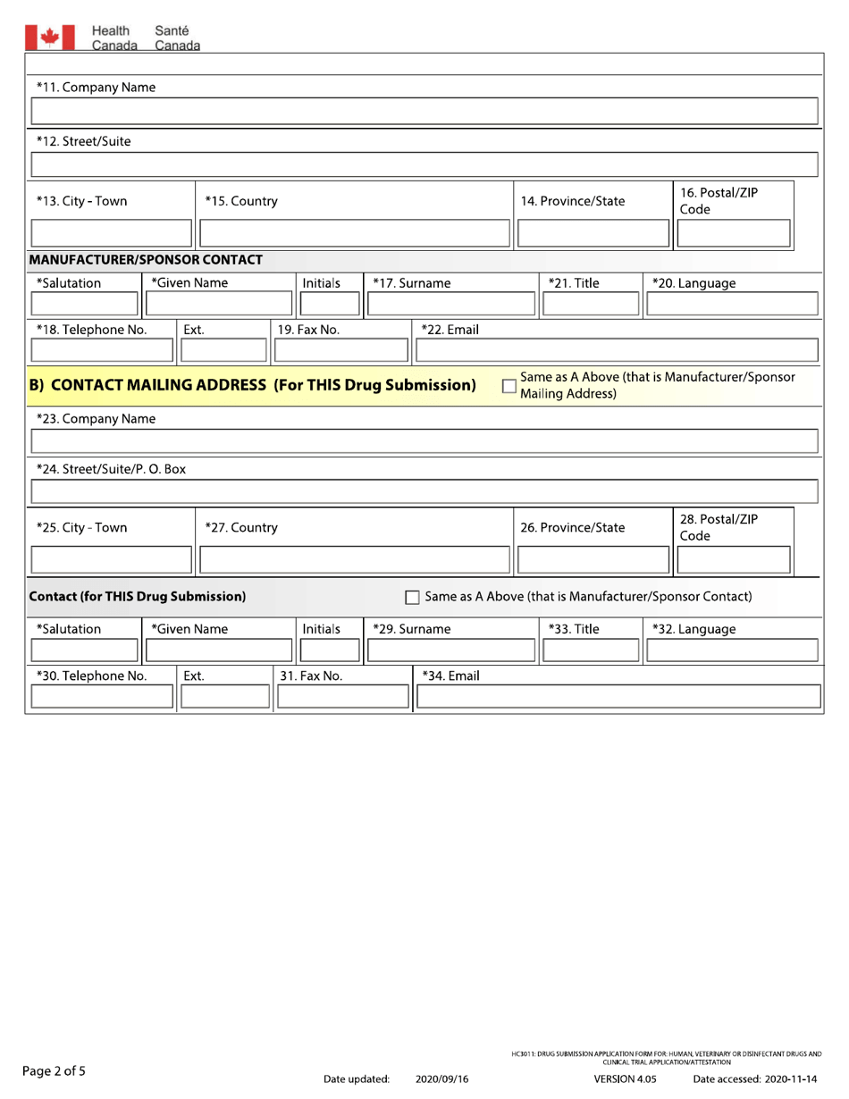 Drug Submission Application Form for: Human, Veterinary or Disinfectant Drugs and Clinical Trial Application / Attestation - Canada, Page 2