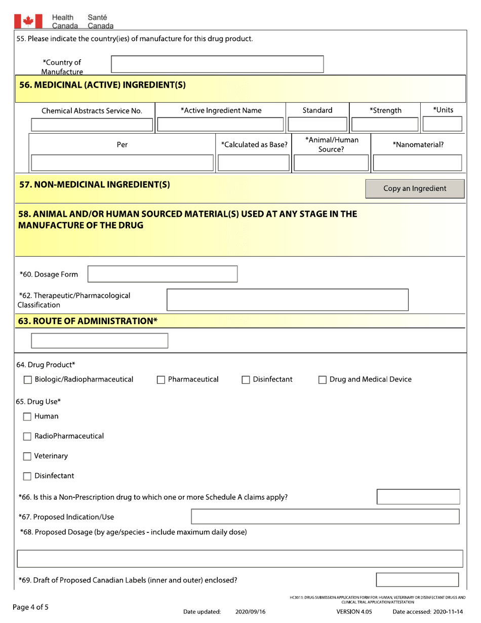 Drug Submission Application Form for: Human, Veterinary or Disinfectant Drugs and Clinical Trial Application / Attestation - Canada, Page 4