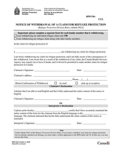 Form RPD.24.01 Notice of Withdrawal of a Claim for Refugee Protection - Canada