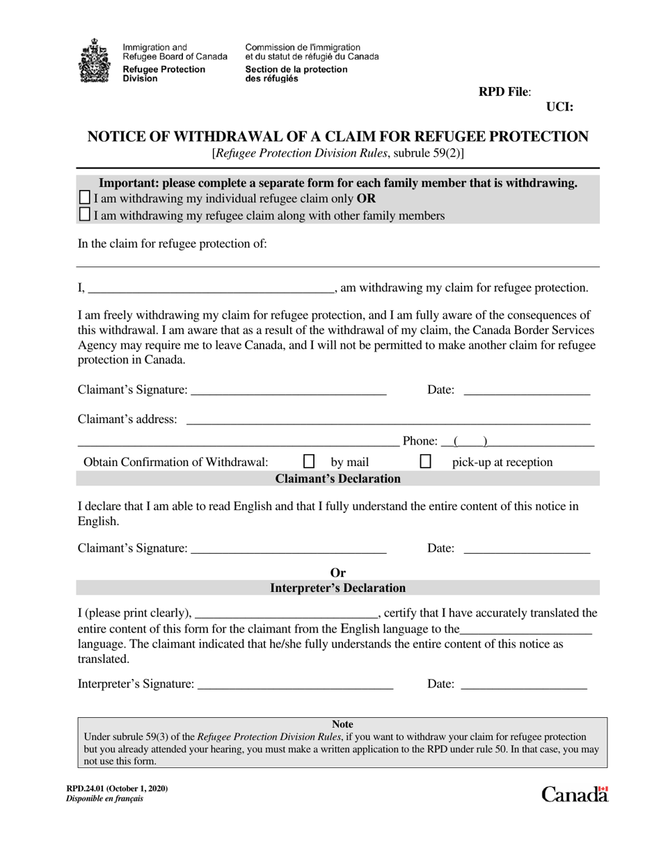 Form RPD.24.01 Notice of Withdrawal of a Claim for Refugee Protection - Canada, Page 1